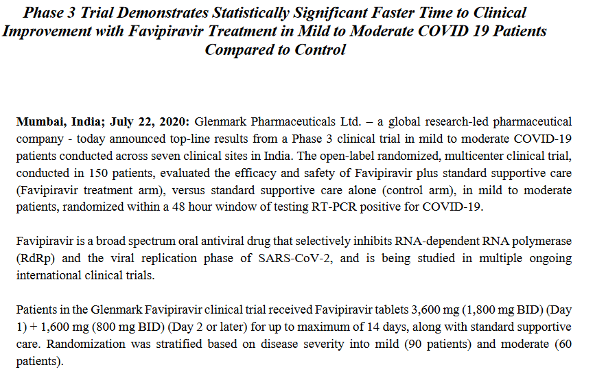 Phase 3 trials of Favipiravir by Glenmark shows faster time to improvement in mid to moderate COVID19 patients
