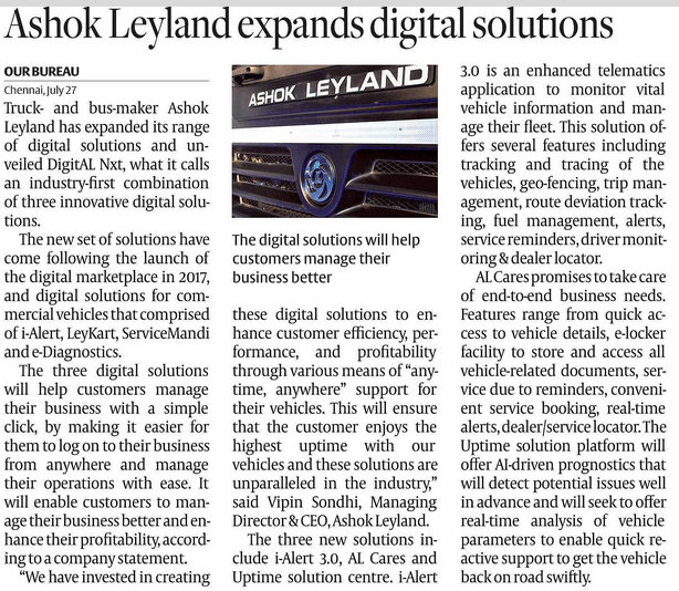 Ashok Leyland expands digital solutions which will improve vehicle tracing, fuel management