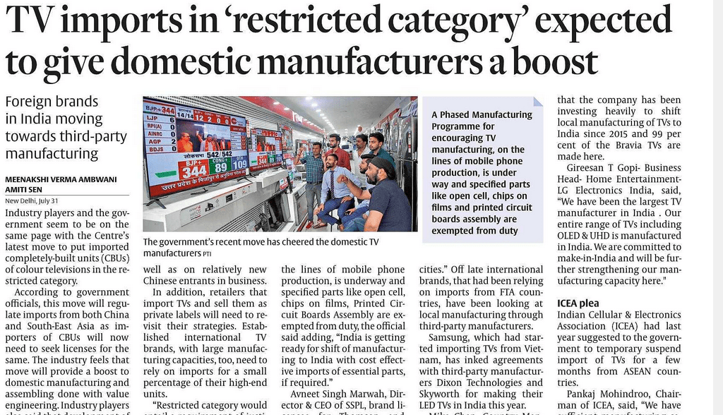 TV imports in restricted category will give boost to Dixon and skyworth companies