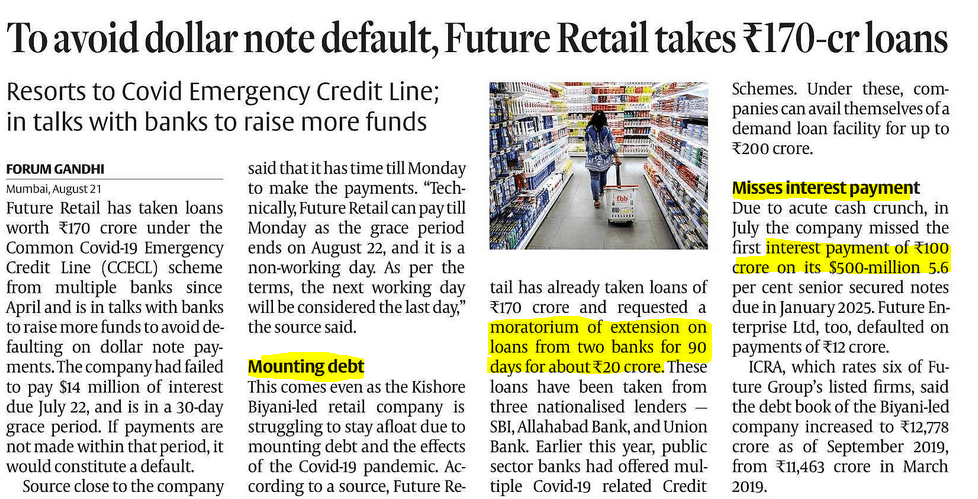 Future retail is in huge debt and missing payments. Future retail also availed moratorium of extension  on loans from two banks
