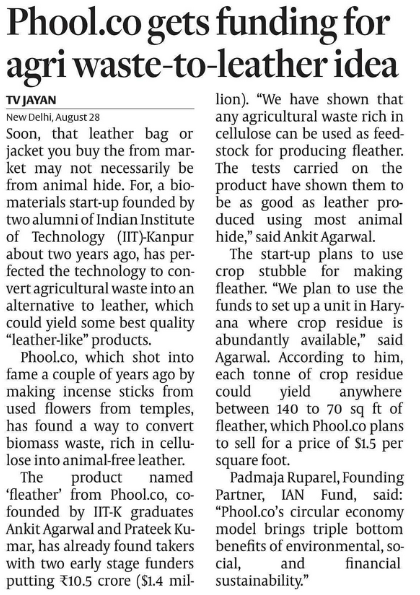 AGRI WASTE TO LEATHER -- Phool.co gets funding for agri waste to leather, Haryana is next stop
Fleather