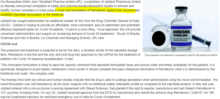 JUBILANT ORAL FORMULATION FOR REMDESIVIR