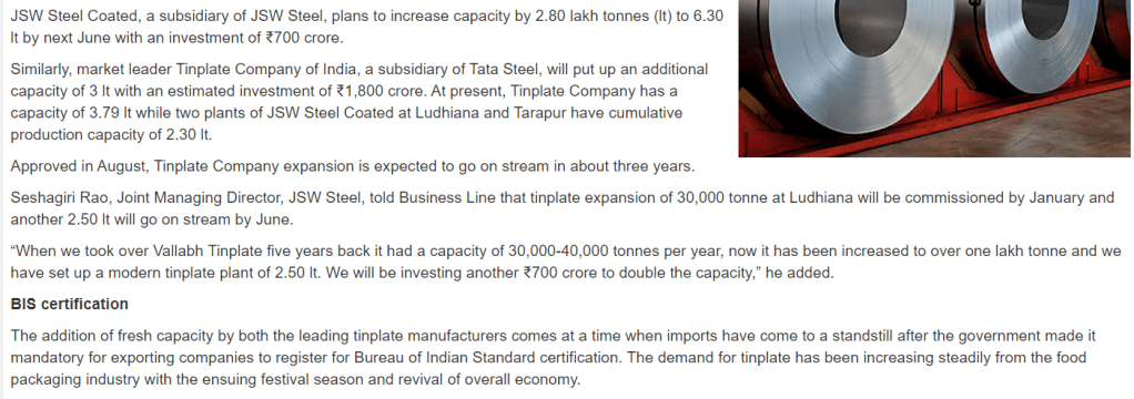 Tinplate makers ramping up capacity