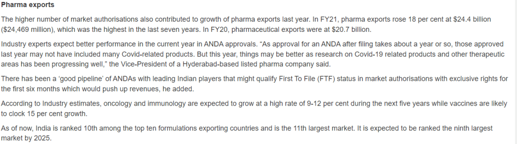 Pharma exports and Approvals
