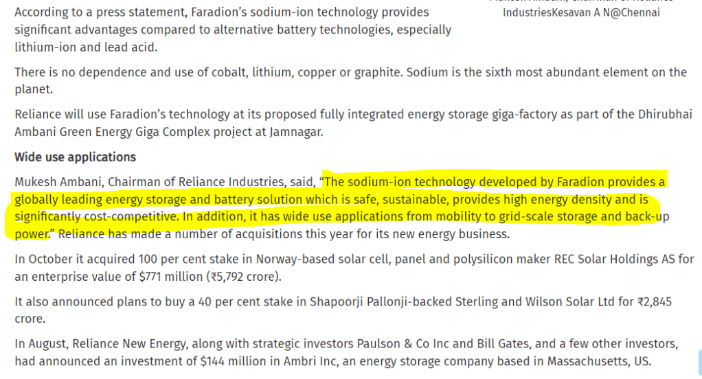 Sodium-ion : Faradion and Reliance