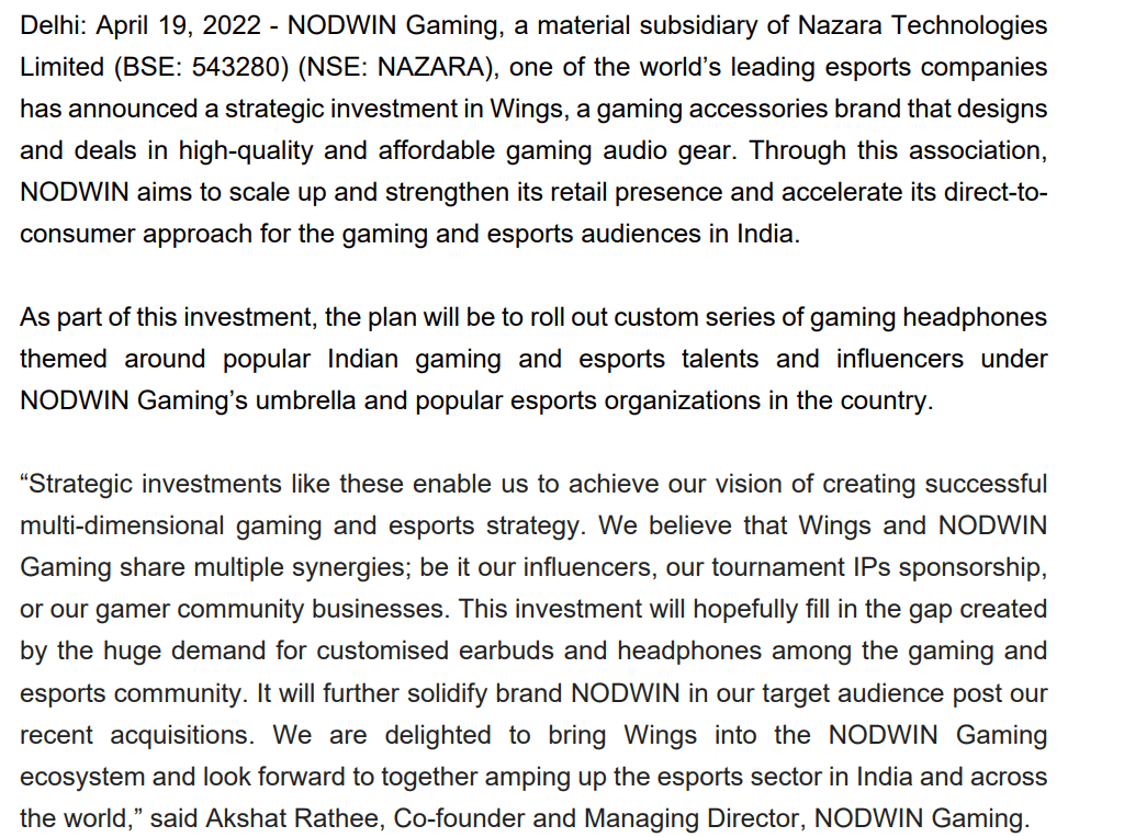 NODWIN gaming  Nazara technologies Wings